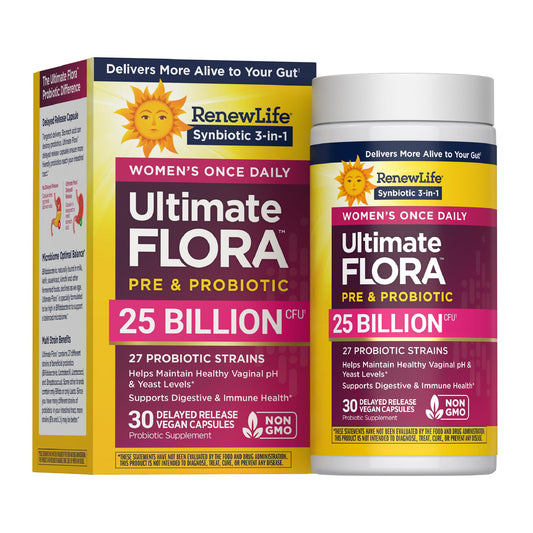 Renew Life Ultimate Flora Probiotics for Women with Prebiotics | 25 Billion CFU | 30 Delayed Release Capsules | 3 in 1 Synbiotic | Supports Digestive and Immune Health | Dairy, Soy and Gluten-Free - Maple Wellness Supplements