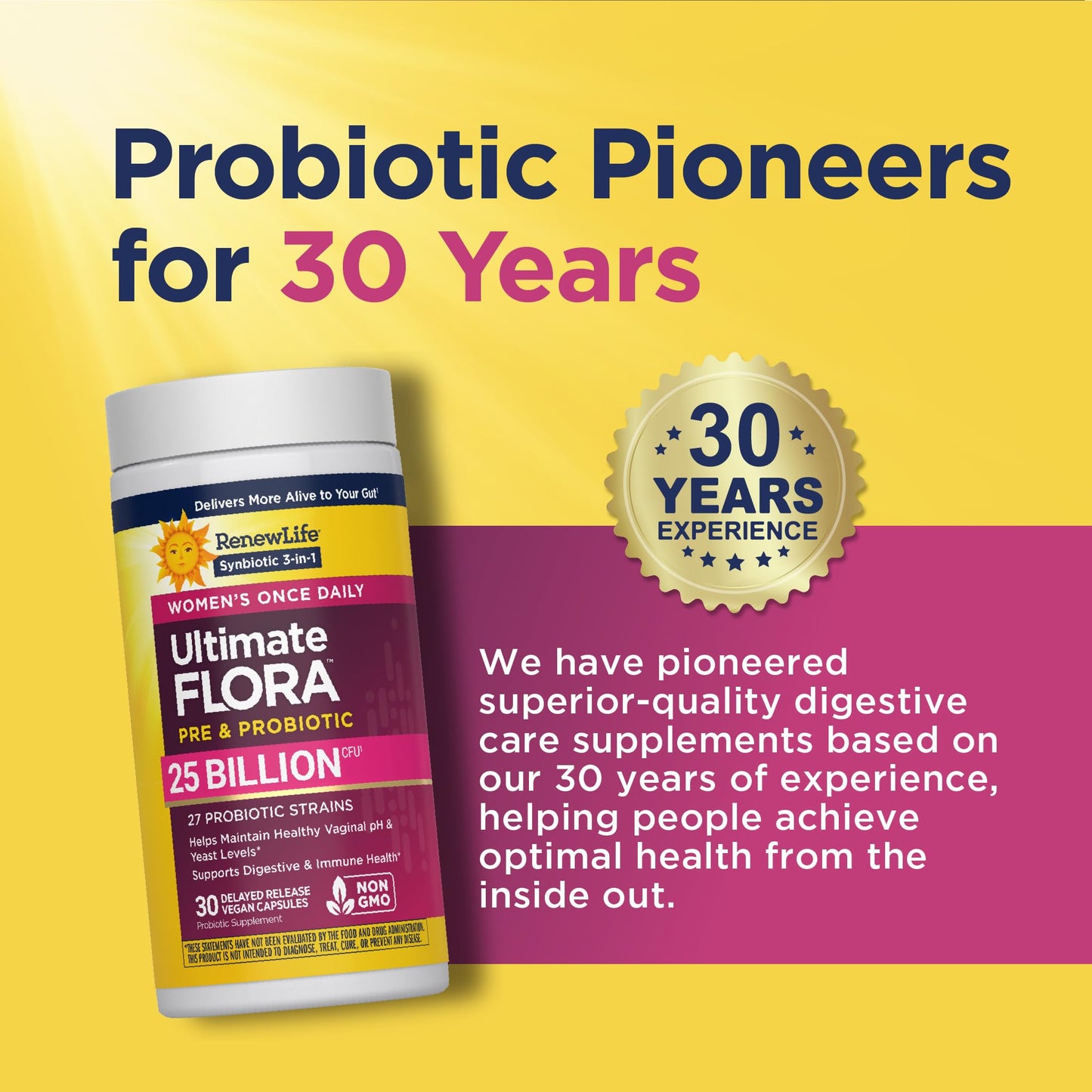 Renew Life Ultimate Flora Probiotics for Women with Prebiotics | 25 Billion CFU | 30 Delayed Release Capsules | 3 in 1 Synbiotic | Supports Digestive and Immune Health | Dairy, Soy and Gluten-Free - Maple Wellness Supplements