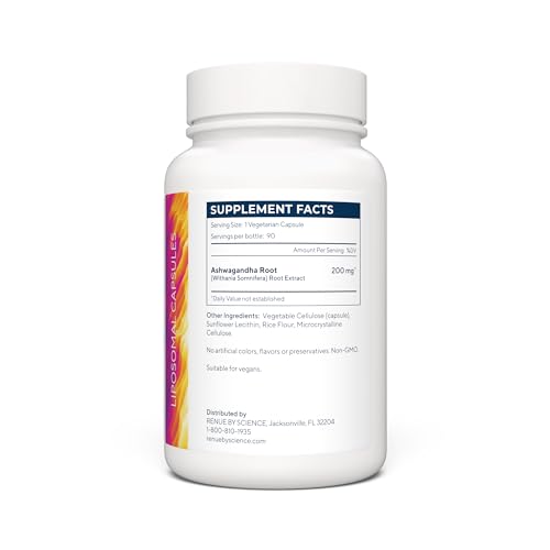 Renue By Science Ashwagandha | High Strength Liposomal Ashwagandha Supplements | 90 Ashwaganda Capsules - 200mg Ashwagandha per Serving | Non-GMO | Made in The USA Third-Party Tested - Maple Wellness Supplements