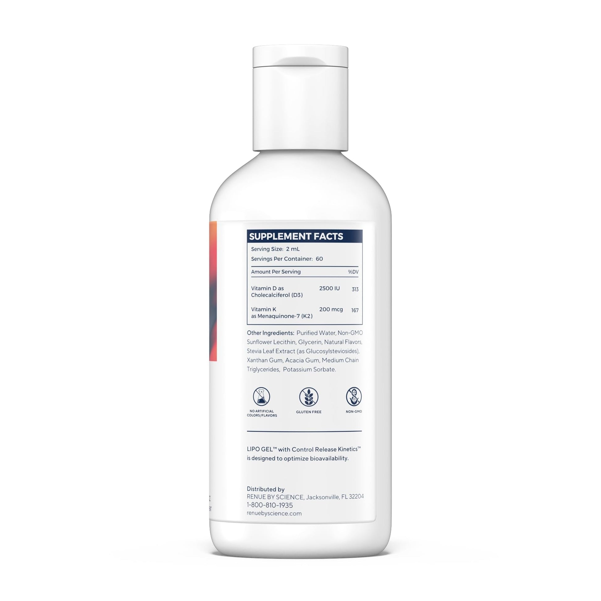Renue By Science Vitamin D3 K2 Gel | High Strength Liposomal D3 K2 Supplement | 120ml Vitamin D K2 Gel - 2500IU Vitamin D3 & 200mcg Vitamin K2 per Serving | Non-GMO & Allergen Free | Made in The USA - Maple Wellness Supplements