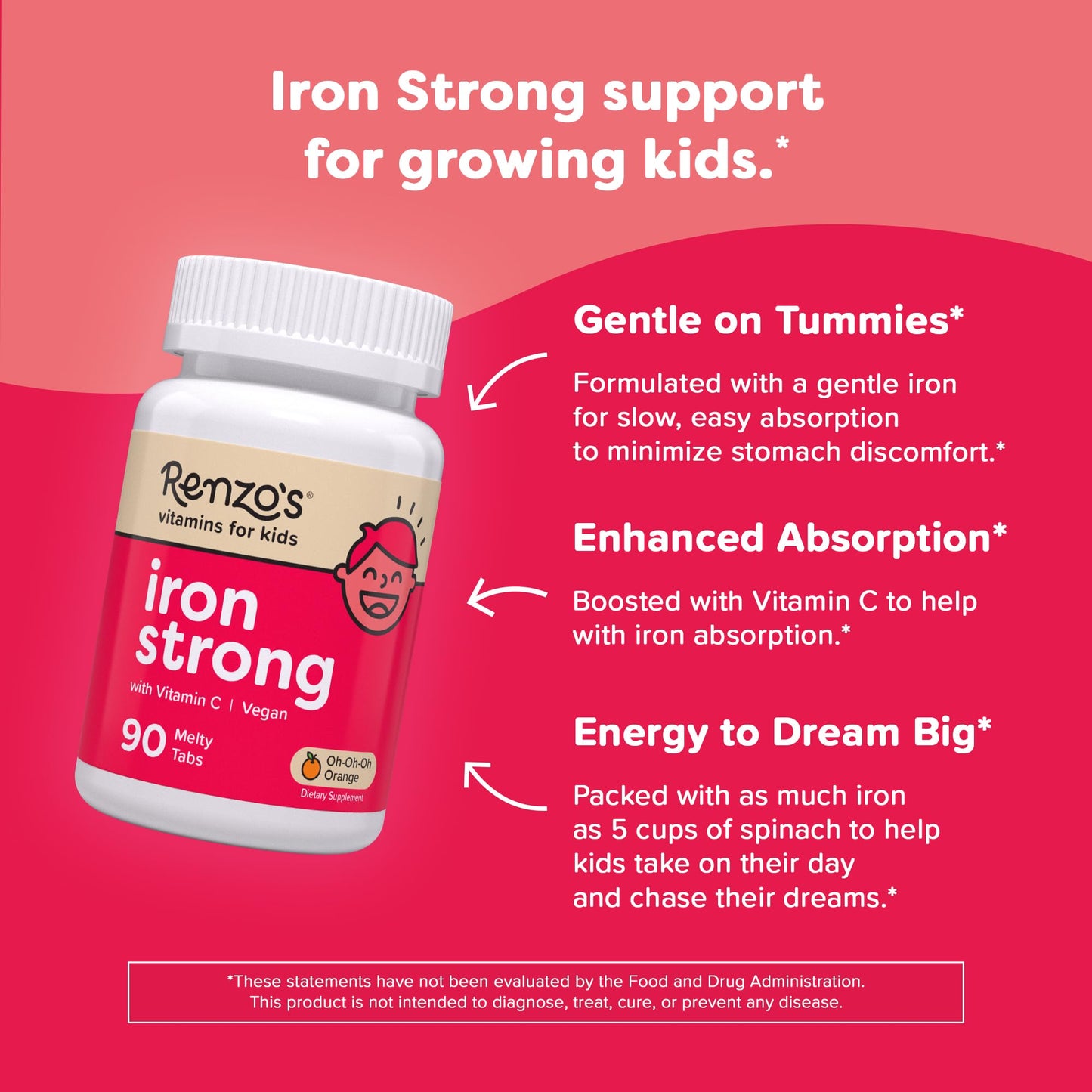 Renzo's Iron Supplements for Kids, Dissolvable Vegan Kids Iron Supplement with Vitamin C, Sugar-Free Melty Tabs - Maple Wellness Supplements