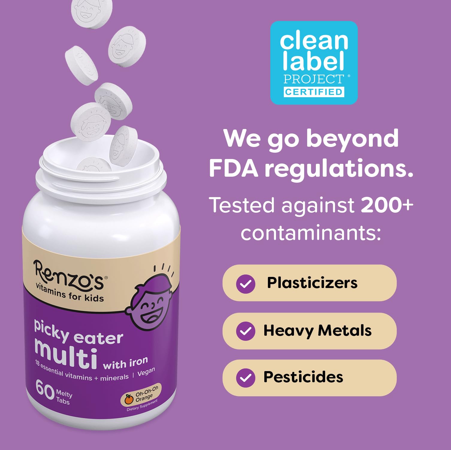 Renzo's Picky Eater Kids Multivitamin with Iron - Dissolvable Kids Vitamins with Iron, Zinc, Vitamin C, Vitamin D, E & K, Sugar-Free Melty Tabs, Orange Flavor - Maple Wellness Supplements