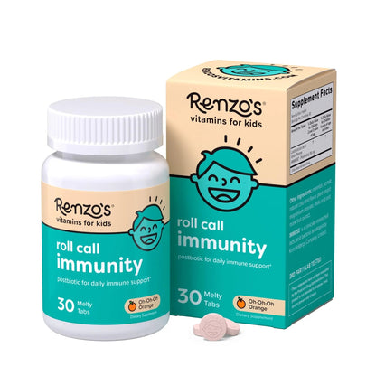 Renzo's Roll Call Immunity - Dissolvable Kids Immune Support Supplement with IMMUSE Postbiotic, Sugar-Free Kids Vitamins, 30 Orange-Flavored Melty Tabs - Maple Wellness Supplements