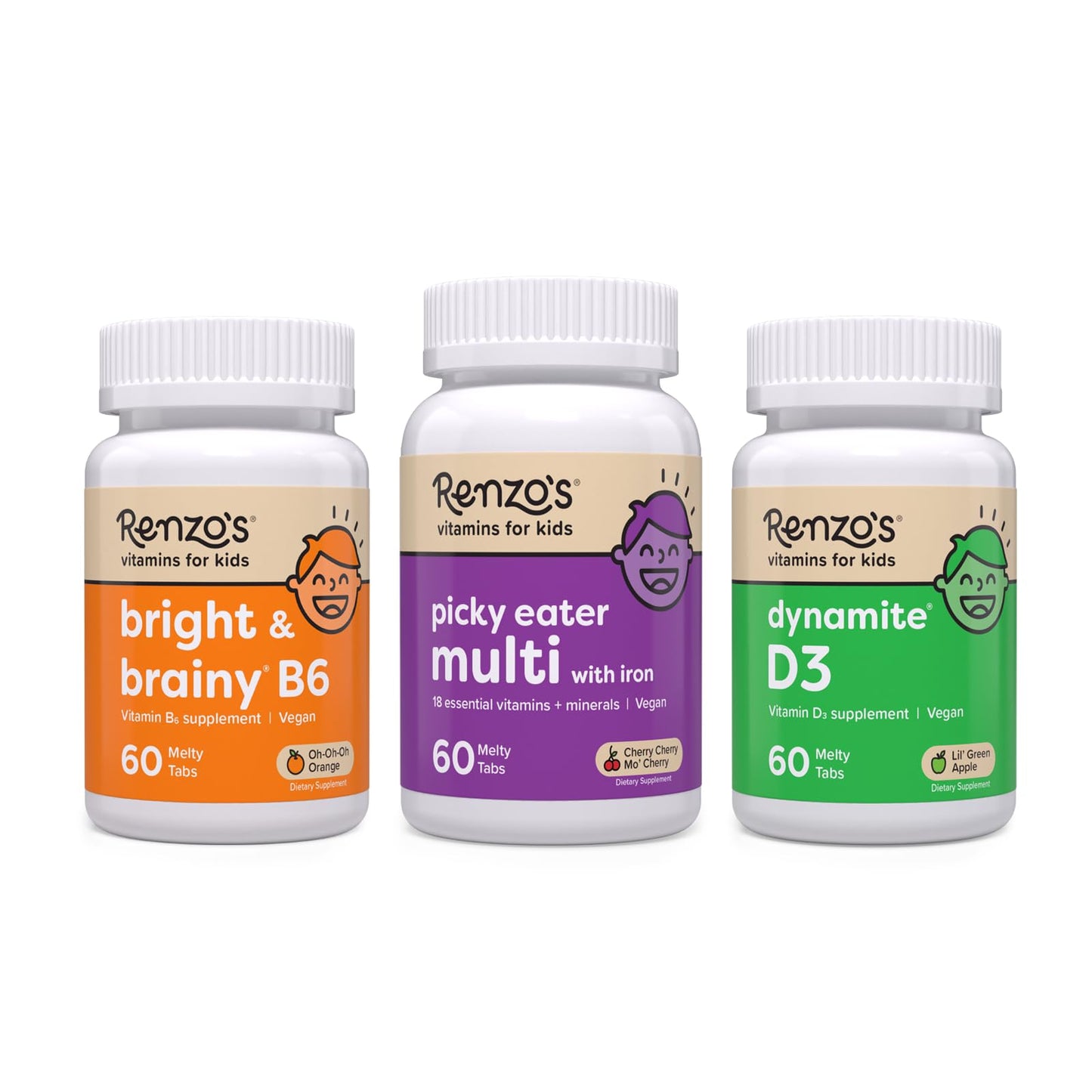 Renzo's Vitamins Adventurous Kid Bundle - Picky Eater Kids Multivitamin, Vitamin D3 for Kids, and Bright & Brainy Vitamin B6 - Maple Wellness Supplements
