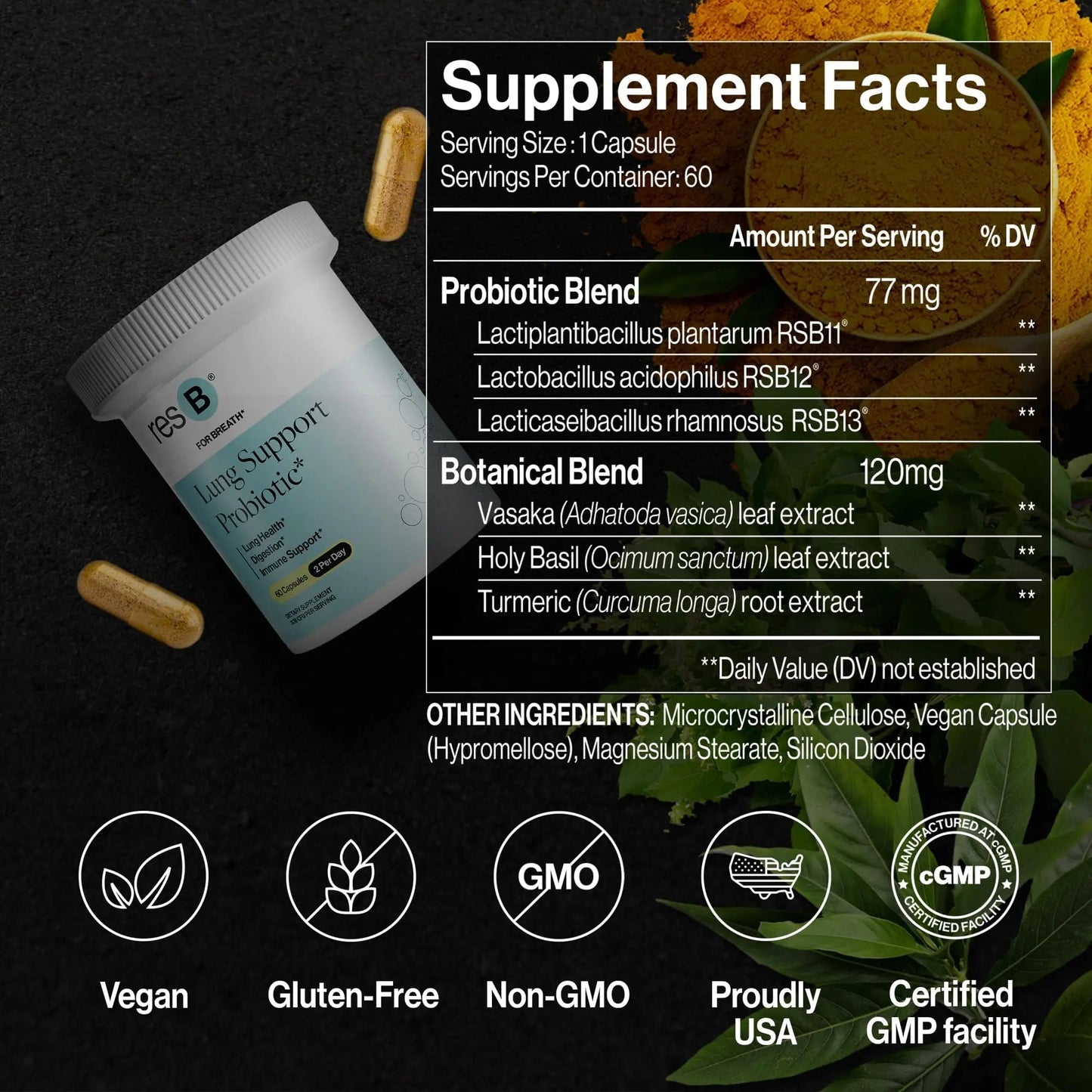 resB Lung Support Probiotic Supplement - Lung Health Supplement for Smokers, Gut Health, Immune & Digestive Support, Respiratory Care, Holy Basil & Turmeric, Clinically Trialed - 60 Capsules - Maple Wellness Supplements
