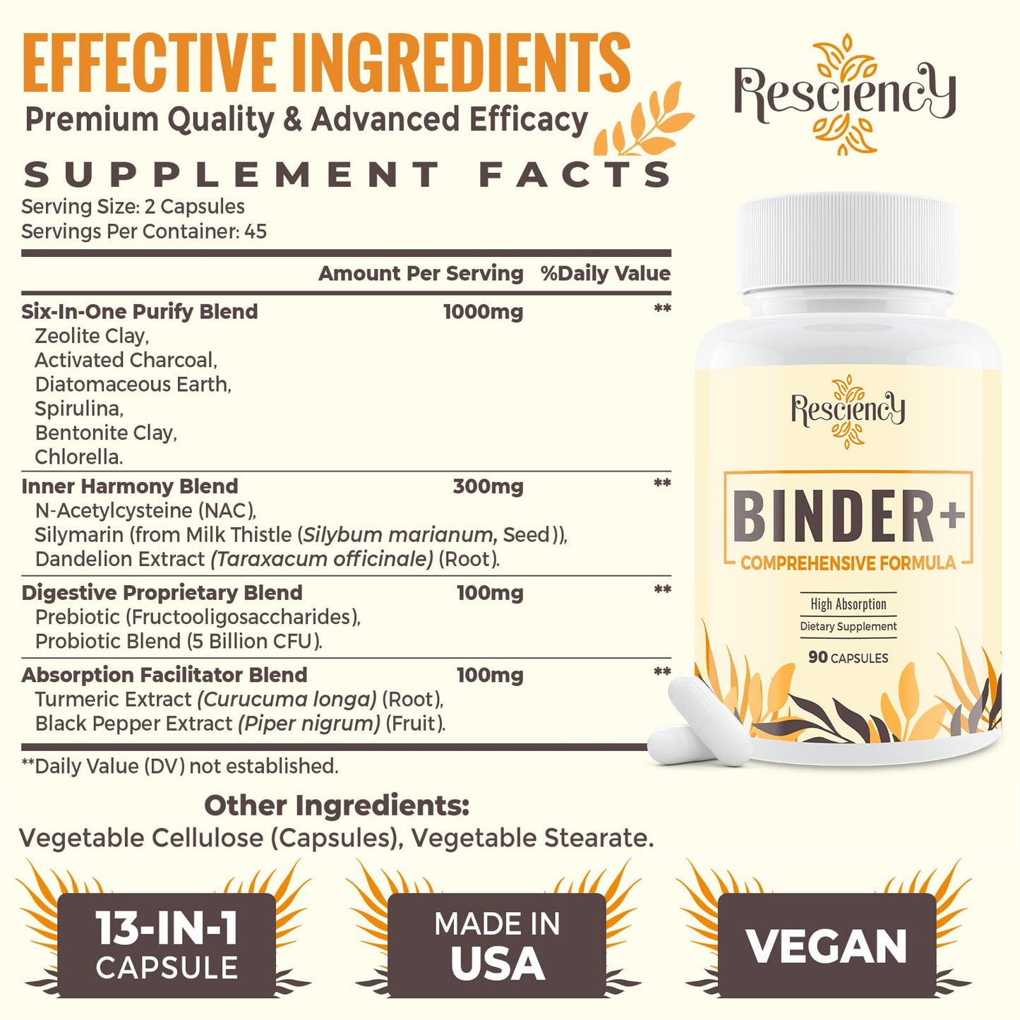 Resciency Detox Binder Supplement – Activated Charcoal, Zeolite, Bentonite Clay, Milk Thistle, Proprietary Blends - Liver & Gut, Max Absorption, 90 Vegan Capsules - Maple Wellness Supplements