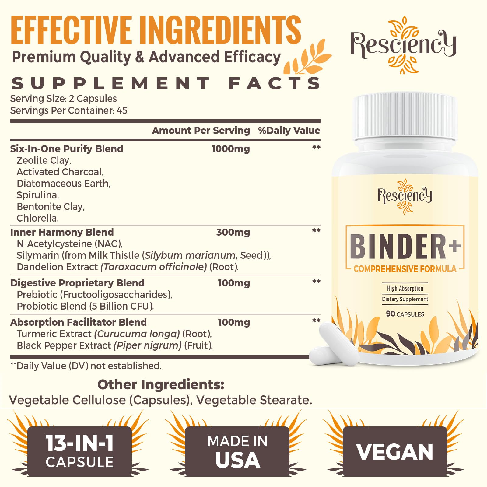 Resciency Detox Binder Supplement – Activated Charcoal, Zeolite, Bentonite Clay, Milk Thistle, Proprietary Blends - Liver & Gut, Max Absorption, 90 Vegan Capsules - Maple Wellness Supplements