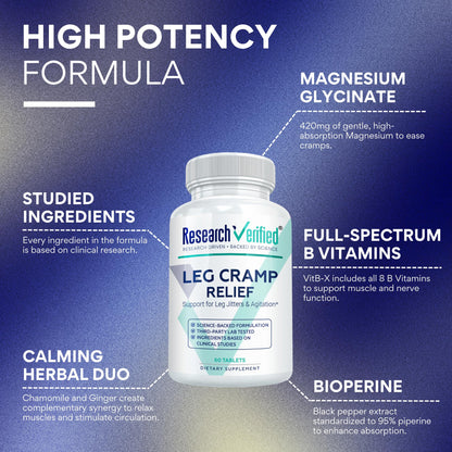 Research Verified Leg Cramps - Magnesium, B Vitamins, Ginger, Chamomile, BioPerine - Circulation Support - Vegan - 1 Month Supply - Maple Wellness Supplements
