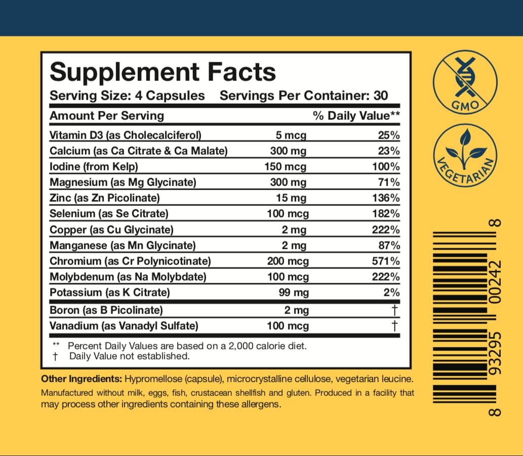 Researched Nutritionals Core Minerals - Daily Trace Minerals Supplement - Iron-Free Blend with Vitamin D3, Magnesium Glycinate & Iodine for Thyroid, Bone & Metabolic Support (120 ct) - Maple Wellness Supplements