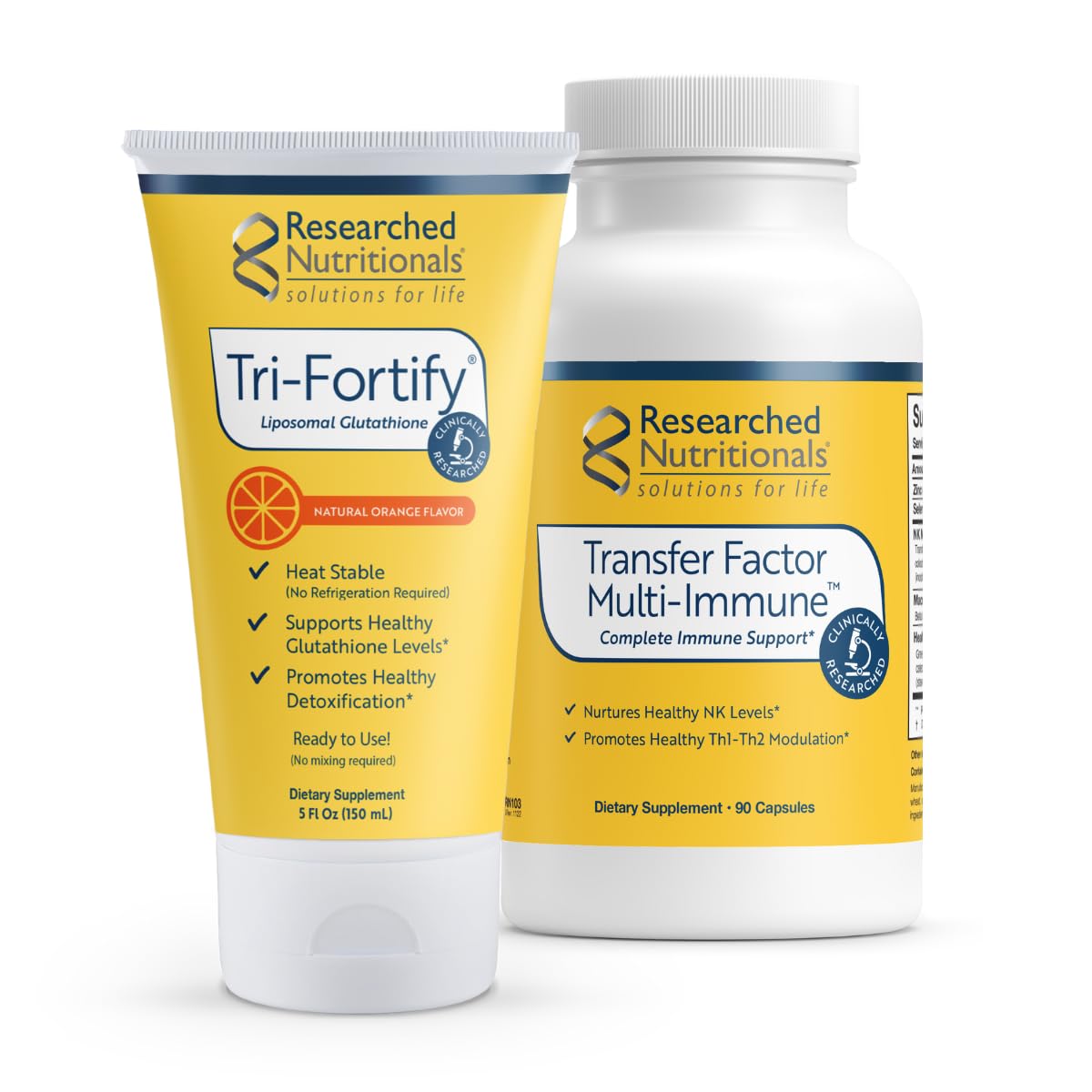 Researched Nutritionals Liposomal Glutathione (450mg) + Colostrum & Mushrooms Supplement for Immune Support - Enhanced Immunity Duo - Tri-Fortify Orange + Transfer Factor Multi-Immune (2 Piece Set) - Maple Wellness Supplements