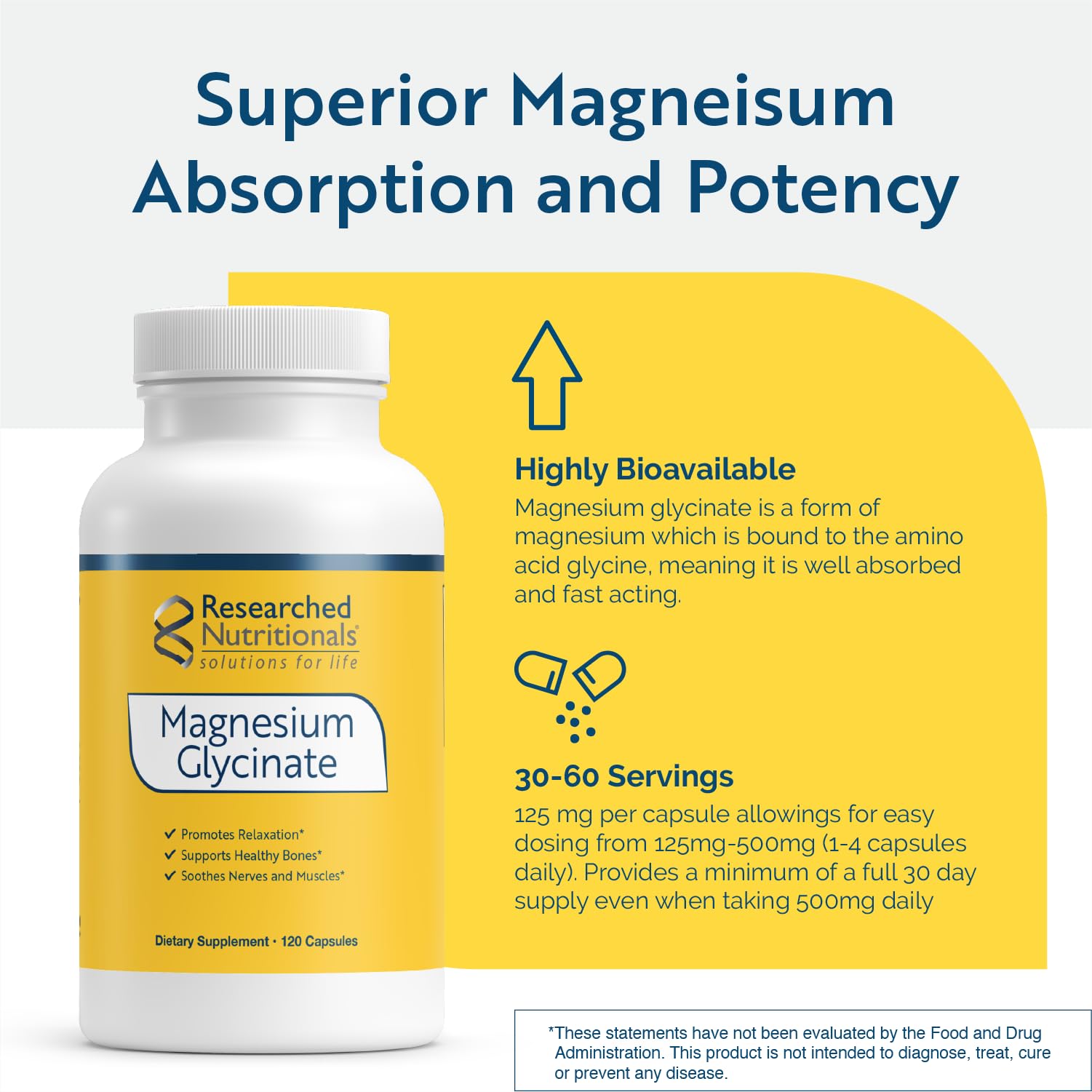 Researched Nutritionals Magnesium Glycinate Capsules - 125mg High Absorption Magnesium Glycinate Supplement to Support Healthy Bones and Energy Production - Vegan & Non-GMO (120 Capsules) - Maple Wellness Supplements