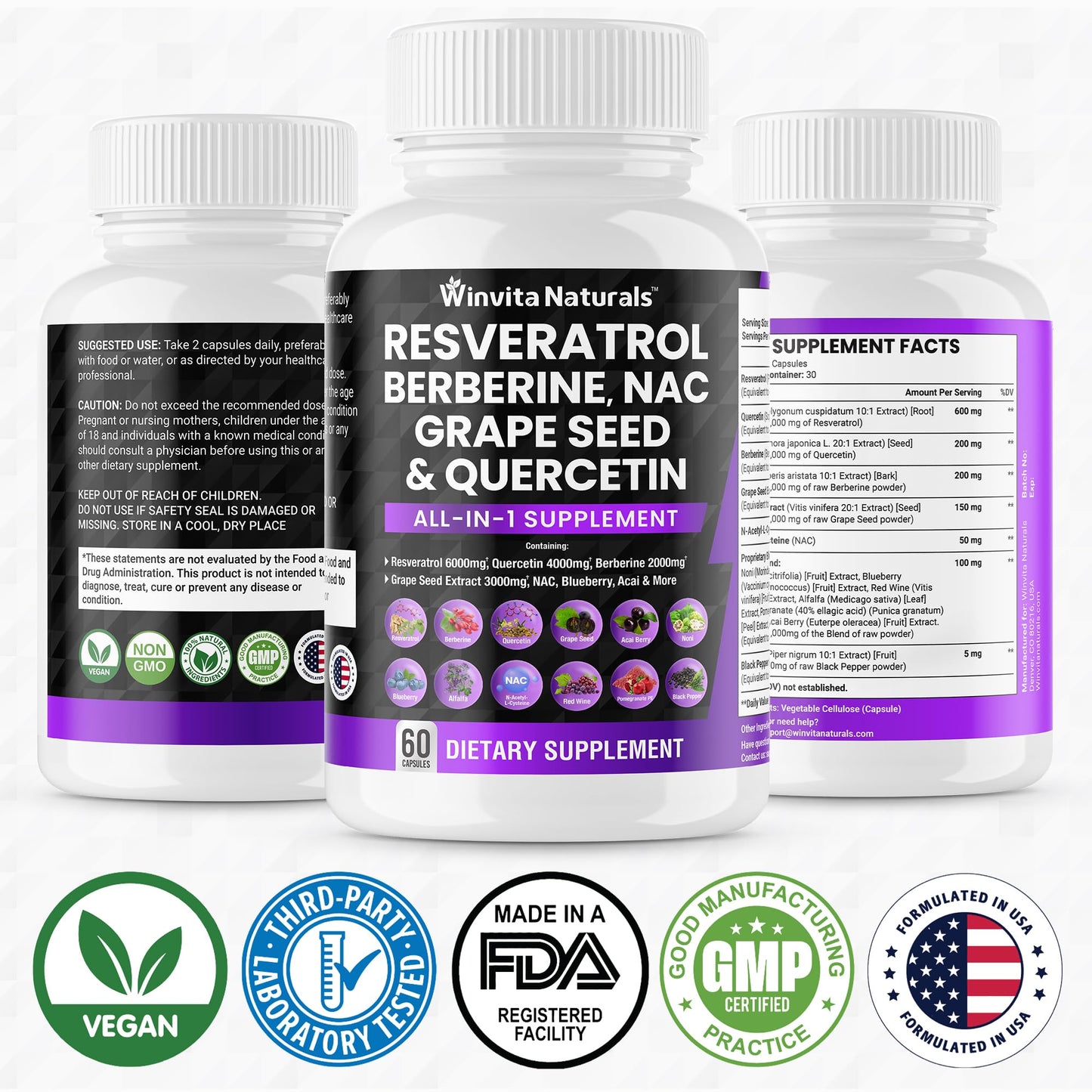 Resveratrol 6000mg Quercetin 4000mg Berberine 2000mg Grape Seed Extract 3000mg - Maple Wellness Supplements