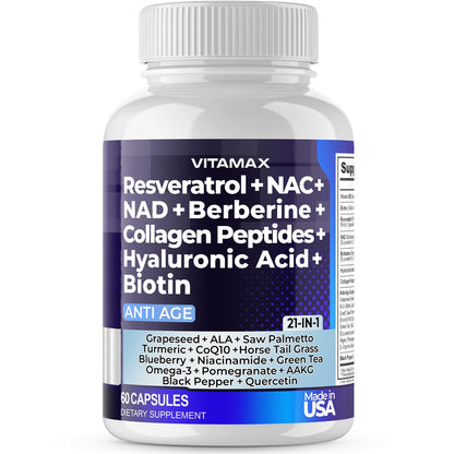 Resveratrol NAD+ Berberine Hyaluronic Acid - Biotin Grape & Blueberry + NAC - Collagen Peptides - Hair, Nail, Skin & Joint Supplement - 21-in-1 Women and Men - Maple Wellness Supplements