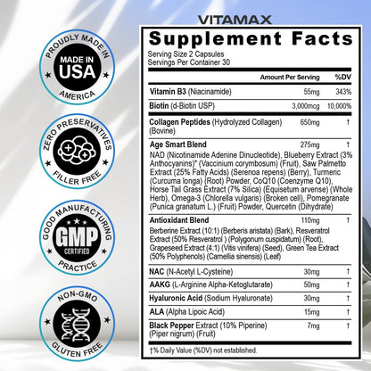 Resveratrol NAD+ Berberine Hyaluronic Acid - Biotin Grape & Blueberry + NAC - Collagen Peptides - Hair, Nail, Skin & Joint Supplement - 21-in-1 Women and Men - Maple Wellness Supplements