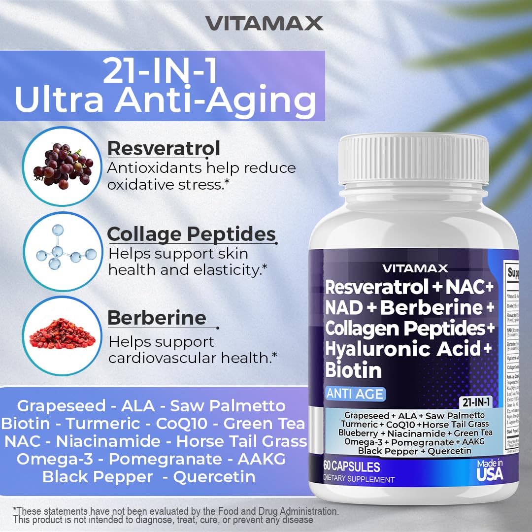 Resveratrol NAD+ Berberine Hyaluronic Acid - Biotin Grape & Blueberry + NAC - Collagen Peptides - Hair, Nail, Skin & Joint Supplement - 21-in-1 Women and Men - Maple Wellness Supplements