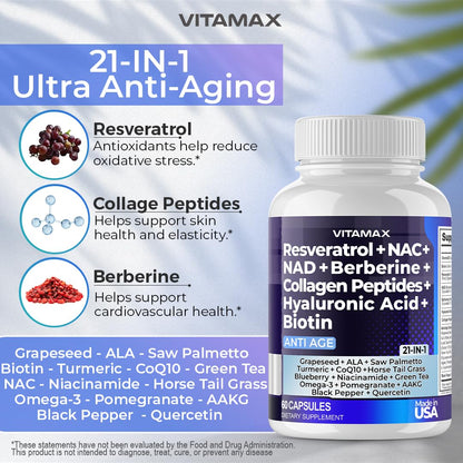 Resveratrol NAD+ Berberine Hyaluronic Acid - Biotin Grape & Blueberry + NAC - Collagen Peptides - Hair, Nail, Skin & Joint Supplement - 21-in-1 Women and Men - Maple Wellness Supplements