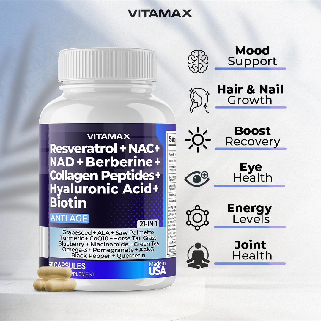 Resveratrol NAD+ Berberine Hyaluronic Acid - Biotin Grape & Blueberry + NAC - Collagen Peptides - Hair, Nail, Skin & Joint Supplement - 21-in-1 Women and Men - Maple Wellness Supplements
