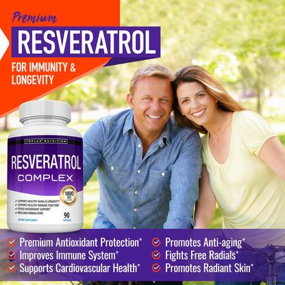 Resveratrol Supplement 1800 mg Antioxidant Complex - Highly Potent Natural Trans-Resveratrol Pills for Healthy Aging, Overall Health Support, Immune System - Maple Wellness Supplements