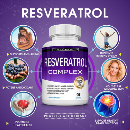 Resveratrol Supplement 1800 mg Antioxidant Complex - Highly Potent Natural Trans-Resveratrol Pills for Healthy Aging, Overall Health Support, Immune System - Maple Wellness Supplements