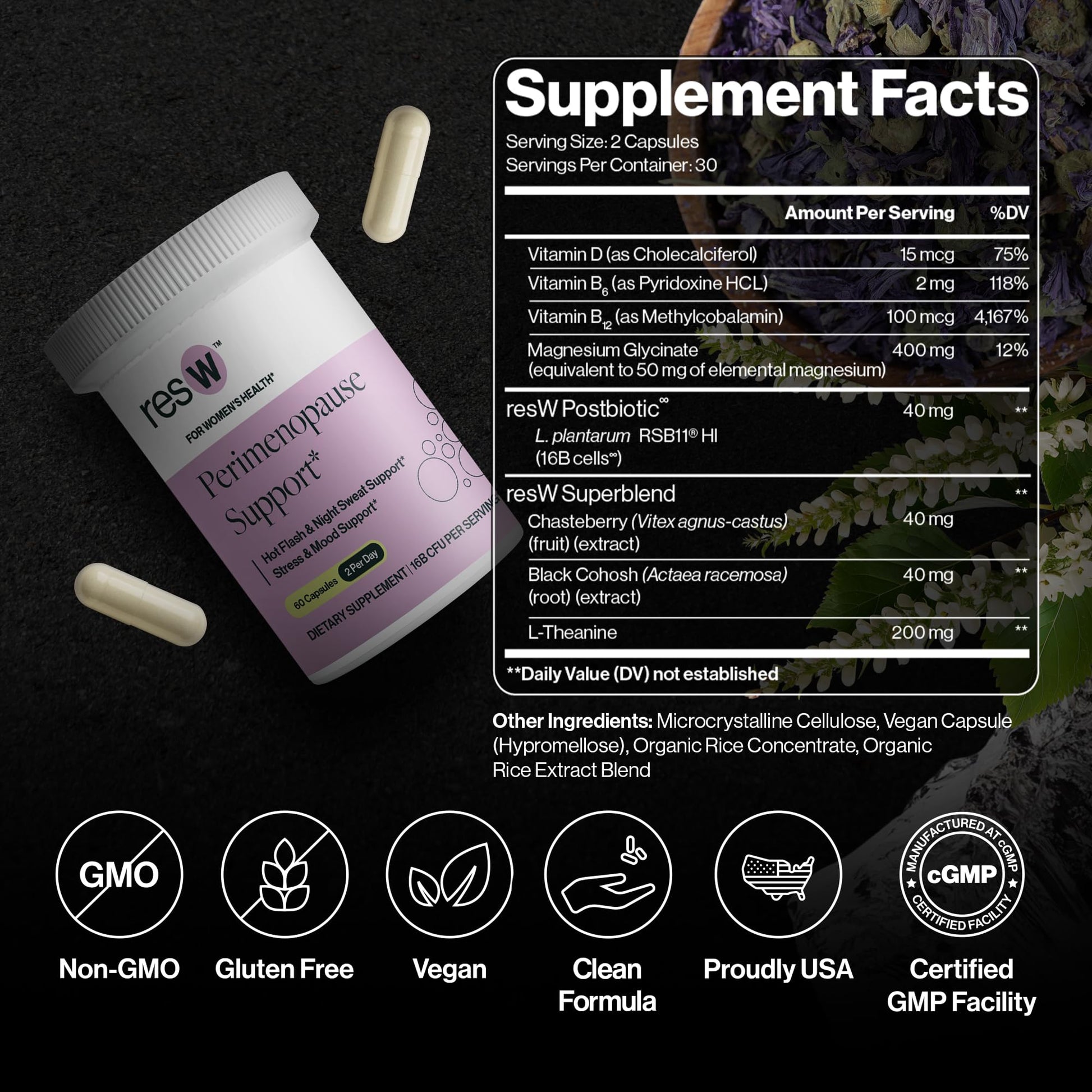 resW Perimenopause Postbiotic Supplement for Women - Hot Flash Support, Night Sweat Relief, Hormone Free, Vegan, Gluten Free, Non GMO, Plant Based Gut Health Support - 60 Capsules - Maple Wellness Supplements