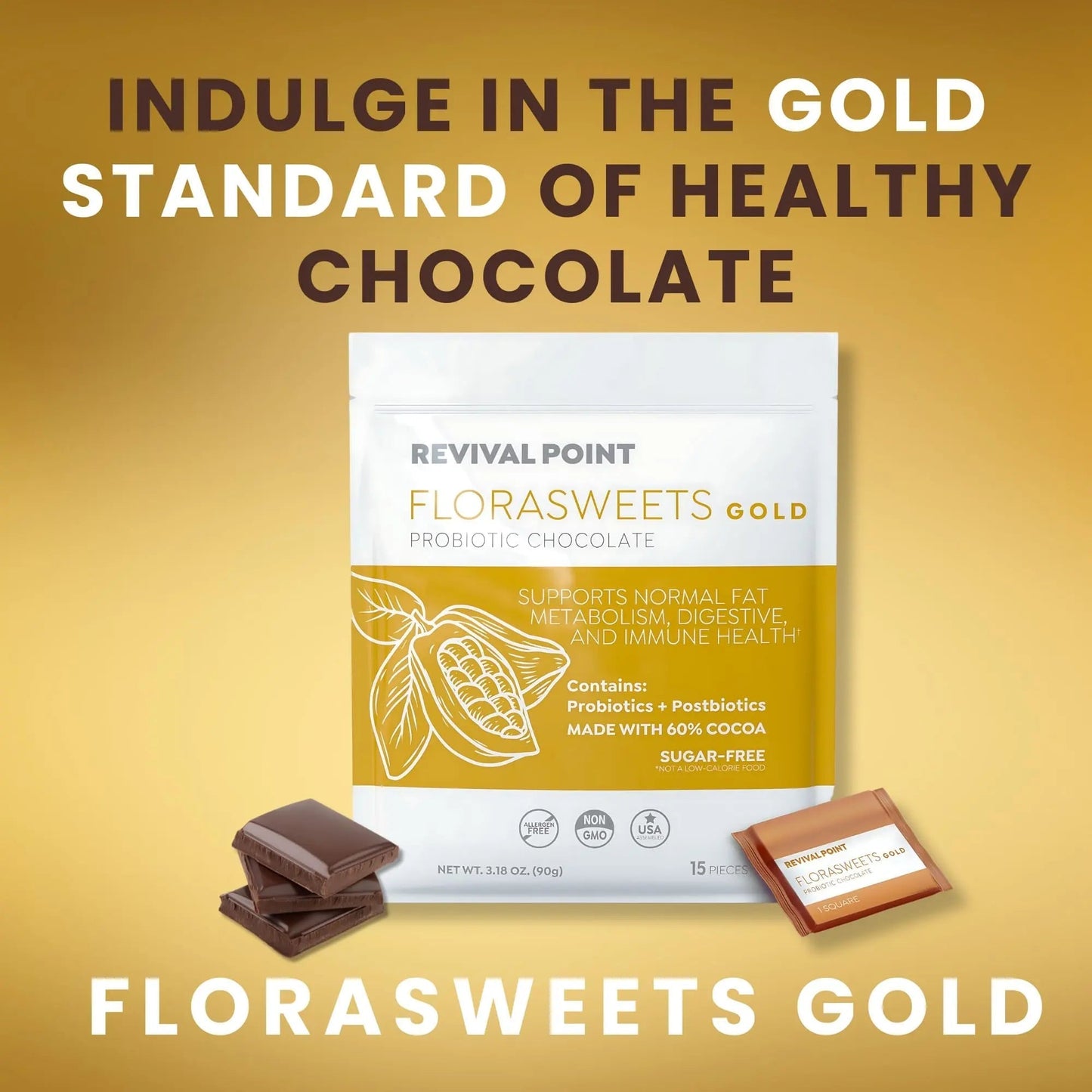 Revival Point Florasweets Gold Chocolate Bites with Probiotic + Postbiotic Stains DE111 & BPL1 - Indivally Wrapped - Supports Digestive & Gut Health Bacillus subtilis (1) - Maple Wellness Supplements