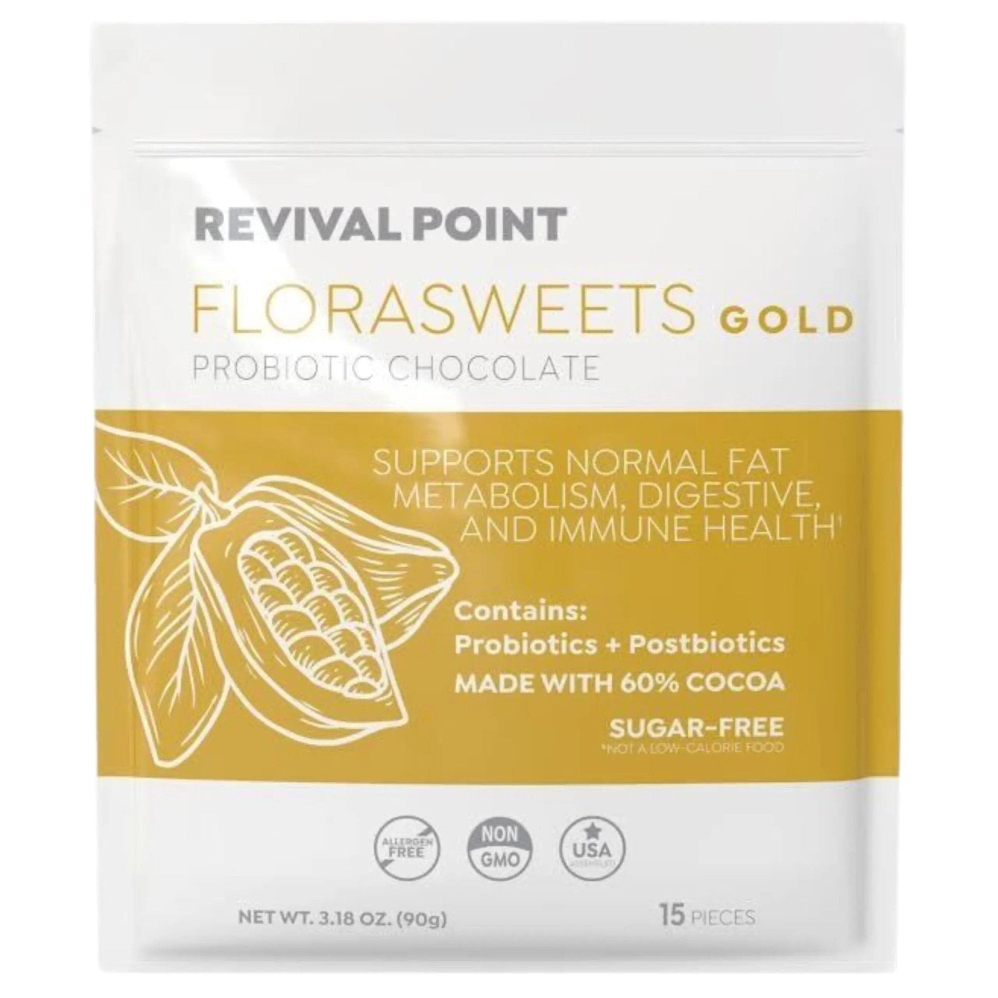 Revival Point Florasweets Gold Chocolate Bites with Probiotic + Postbiotic Stains DE111 & BPL1 - Indivally Wrapped - Supports Digestive & Gut Health Bacillus subtilis (1) - Maple Wellness Supplements