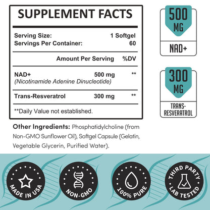 Rhamoph Liposomal NAD+ 800 mg with Trans-Resveratrol 300 mg, Max Absorption, Actual NAD+ Boosting Supplement for Healthy Aging, Cellular Energy, DNA Repair, Longevity - 120 Softgels - Maple Wellness Supplements