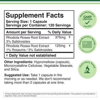 Rhodiola Rosea Supplement 500mg, 120 Vegan Capsules (Third Party Test, Gluten Free, 3% Salidrosides, 1% Rosavins Extract) for Performance, - Maple Wellness Supplements