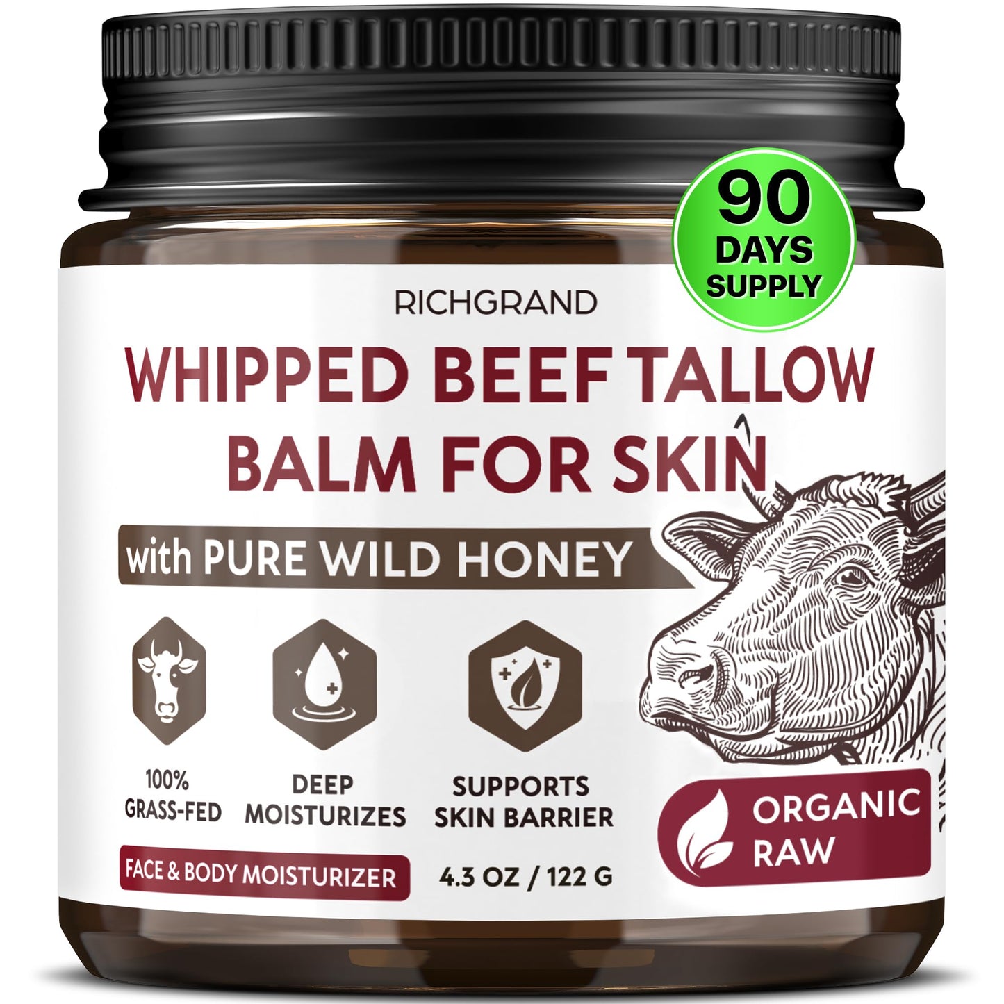 RICHGRAND Beef Tallow for Skin - Whipped Tallow and Honey Balm - Grass Fed Beef Tallow for Face, Daily Moisturizer & Body Butter - Maple Wellness Supplements