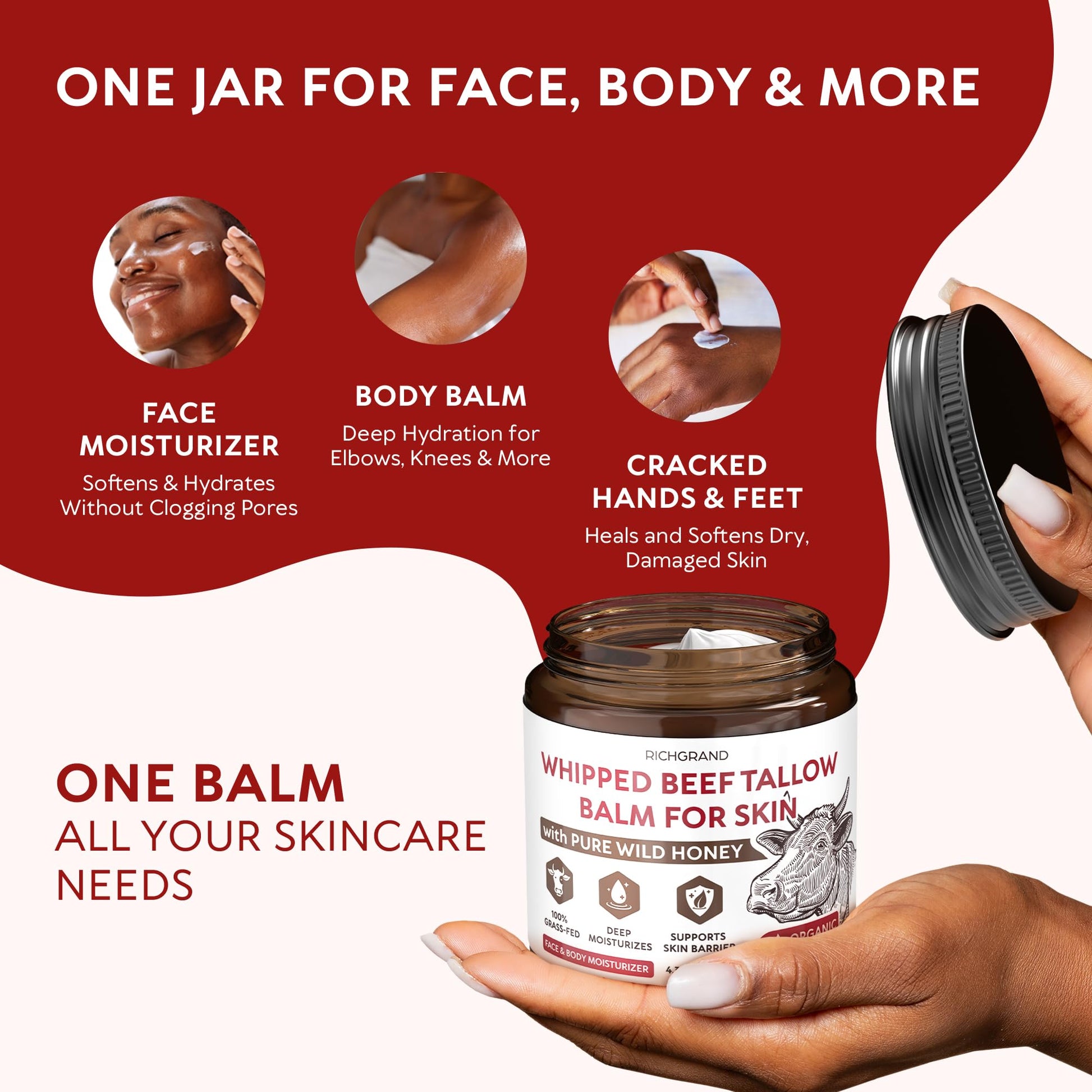 RICHGRAND Beef Tallow for Skin - Whipped Tallow and Honey Balm - Grass Fed Beef Tallow for Face, Daily Moisturizer & Body Butter - Maple Wellness Supplements