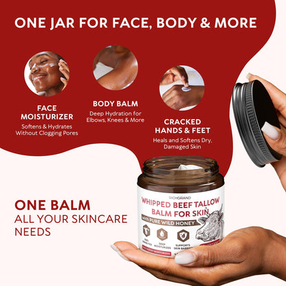 RICHGRAND Beef Tallow for Skin - Whipped Tallow and Honey Balm - Grass Fed Beef Tallow for Face, Daily Moisturizer & Body Butter - Maple Wellness Supplements