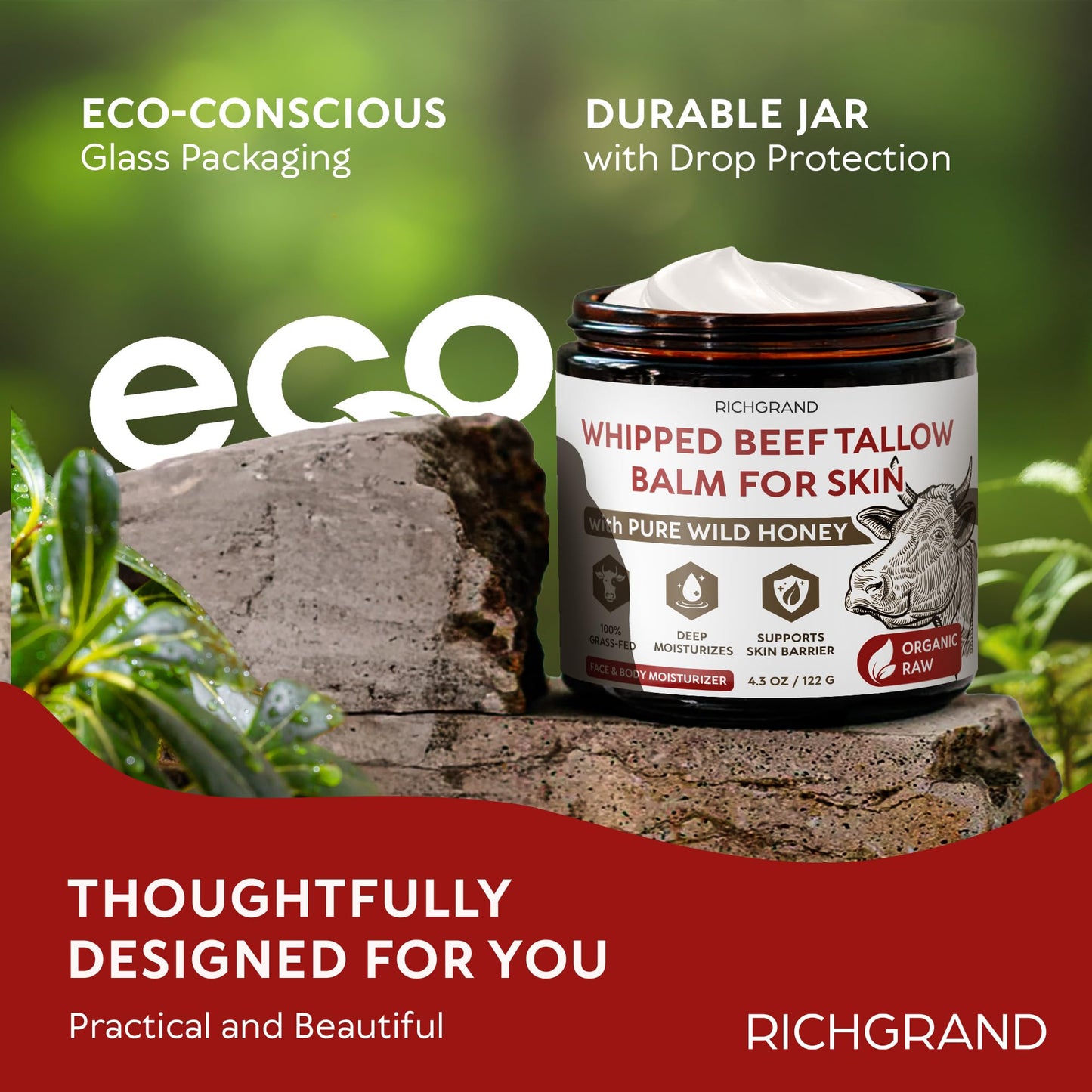 RICHGRAND Beef Tallow for Skin - Whipped Tallow and Honey Balm - Grass Fed Beef Tallow for Face, Daily Moisturizer & Body Butter - Maple Wellness Supplements