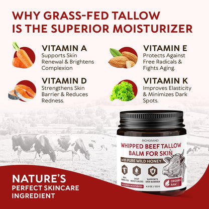 RICHGRAND Beef Tallow for Skin - Whipped Tallow and Honey Balm - Grass Fed Beef Tallow for Face, Daily Moisturizer & Body Butter - Maple Wellness Supplements