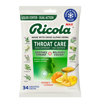 Ricola, Throat Care Max Honey Lemon, 34 Count - Maple Wellness Supplements