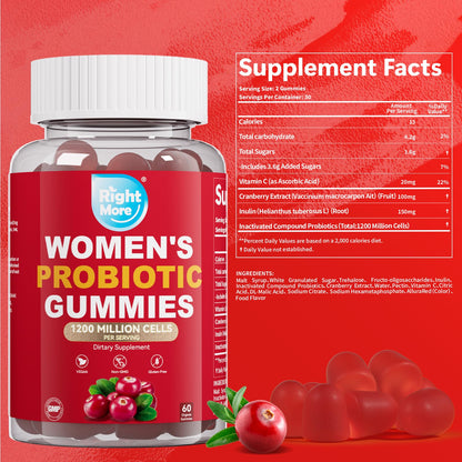 Right More Probiotic for Women Gummies,Feminine Balance Gummies, -1200 Billion Compound, Digestive & Immune Support, Supports Vaginal Health Prebiotics, Natural Cranberry Flavor, Vegan, 60 Gummies - Maple Wellness Supplements