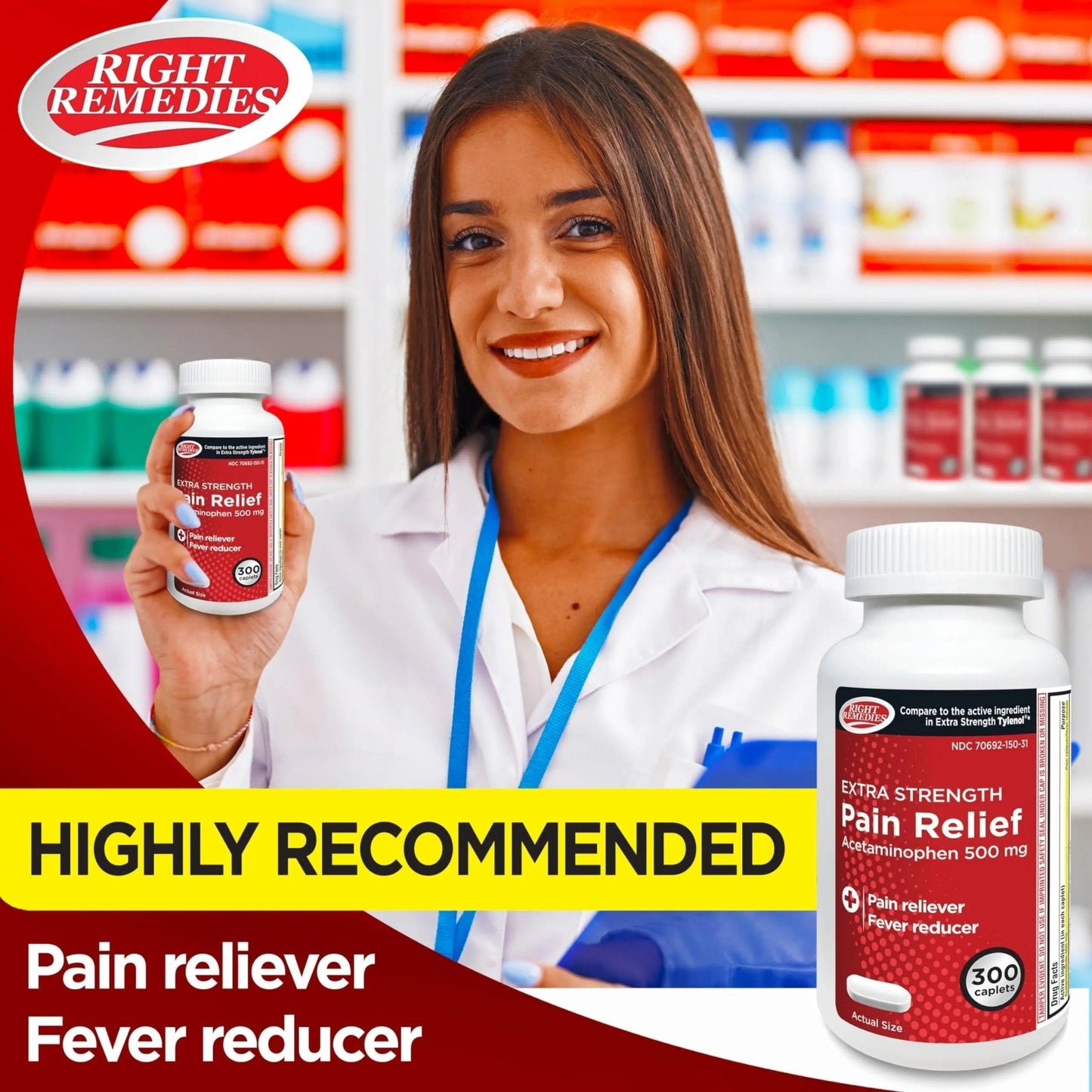 RIGHT REMEDIES Extra Strength Pain Relief, Acetaminophen 500 mg Caplets, Pain Reliever & Fever Reducer, Value Pack (300 Count), Compare to the Active Ingredient in Extra Strength Tylenol® - Maple Wellness Supplements