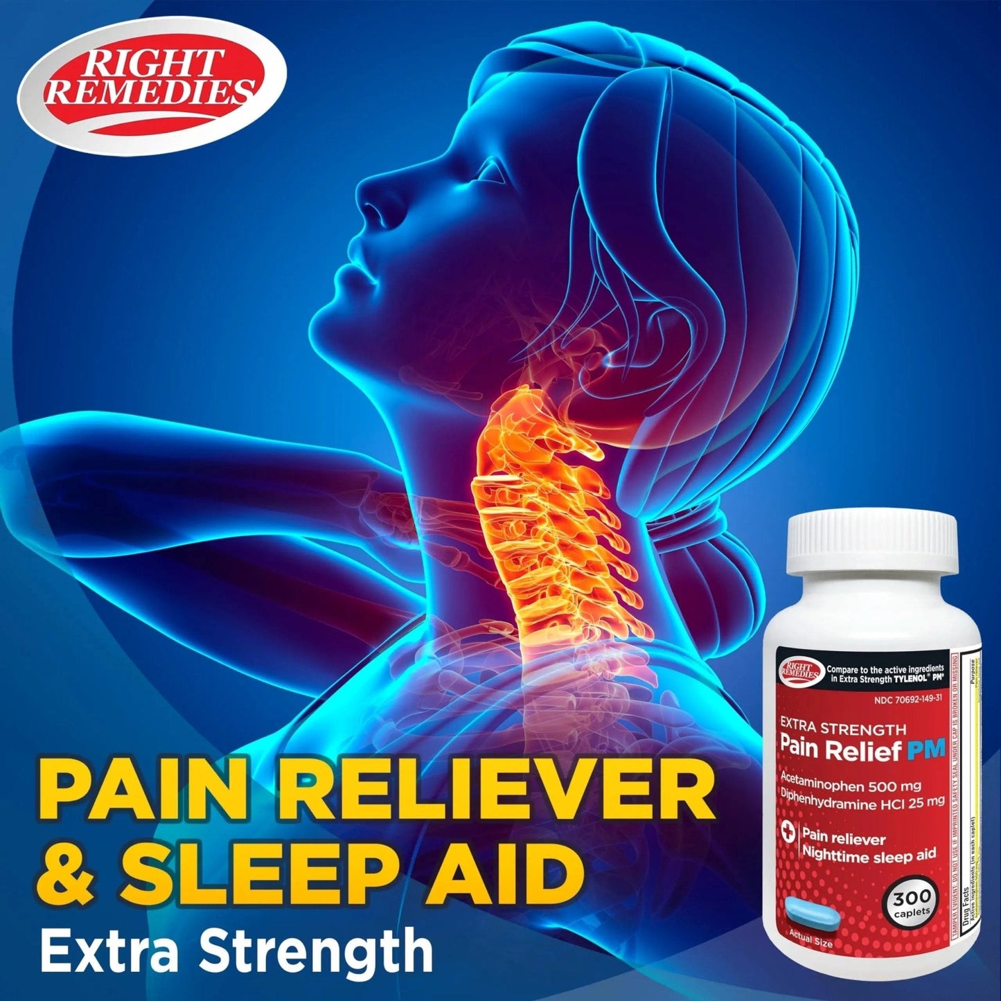 Right Remedies Extra Strength Pain Relief PM & Nighttime Sleep Aid Caplets,(300 count), Acetaminophen 500 mg & Diphenhydramine HCl 25 mg, Non-Habit Forming, Compare to Active ingredients of Tylenol PM - Maple Wellness Supplements