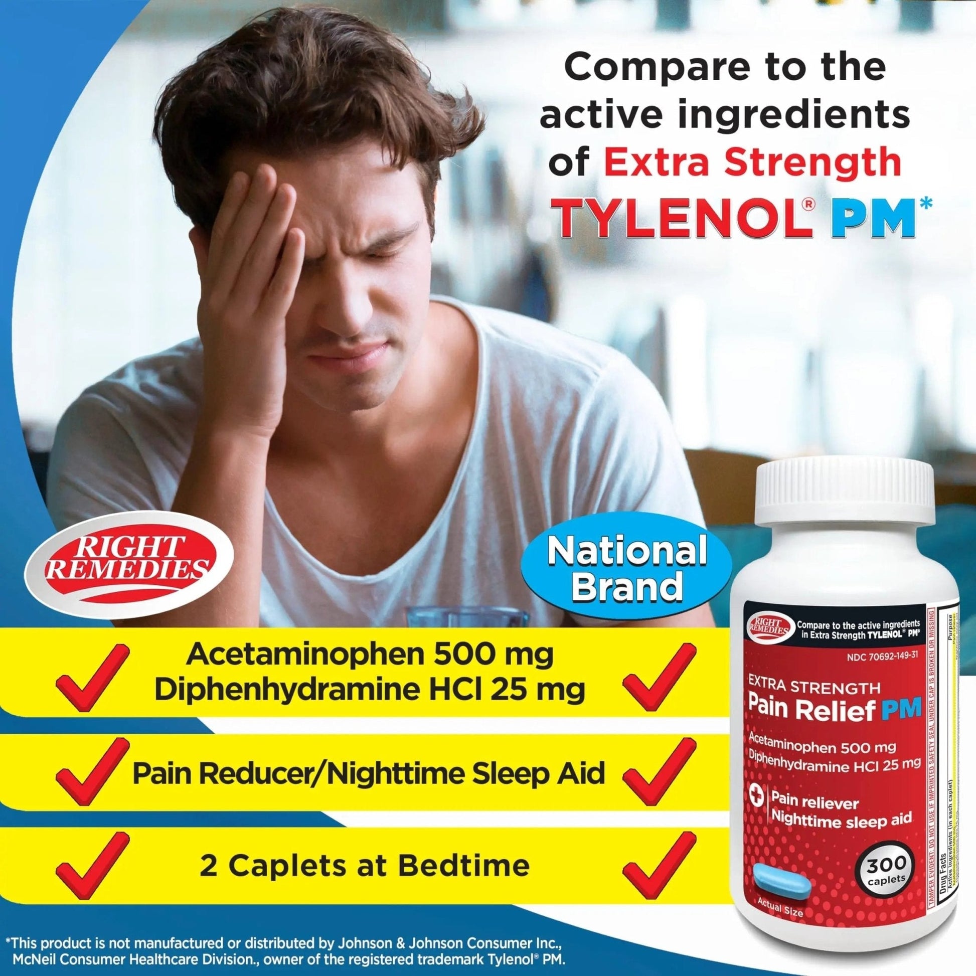 Right Remedies Extra Strength Pain Relief PM & Nighttime Sleep Aid Caplets,(300 count), Acetaminophen 500 mg & Diphenhydramine HCl 25 mg, Non-Habit Forming, Compare to Active ingredients of Tylenol PM - Maple Wellness Supplements