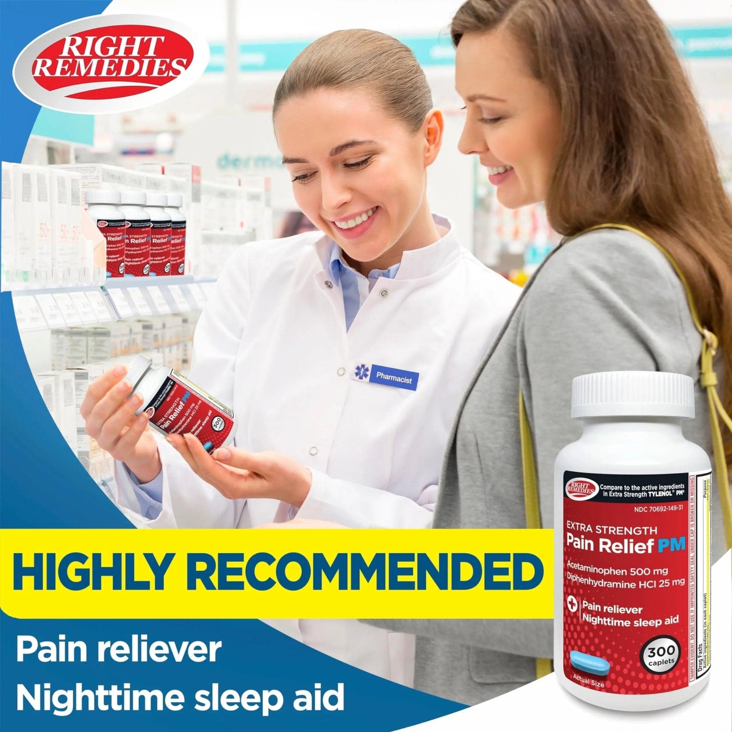 Right Remedies Extra Strength Pain Relief PM & Nighttime Sleep Aid Caplets,(300 count), Acetaminophen 500 mg & Diphenhydramine HCl 25 mg, Non-Habit Forming, Compare to Active ingredients of Tylenol PM - Maple Wellness Supplements