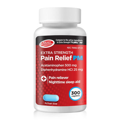 Right Remedies Extra Strength Pain Relief PM & Nighttime Sleep Aid Caplets,(300 count), Acetaminophen 500 mg & Diphenhydramine HCl 25 mg, Non-Habit Forming, Compare to Active ingredients of Tylenol PM - Maple Wellness Supplements