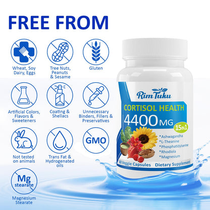 RimTuku Cortisol Supplements for Women & Men -15-in-1 Cortisol Detox for Women, Cortisol Manager & Reducer with Ashwagandha, Rhodiola Rosea Supports Stress Relief, Adrenal Balance, 120 Capsules - Maple Wellness Supplements