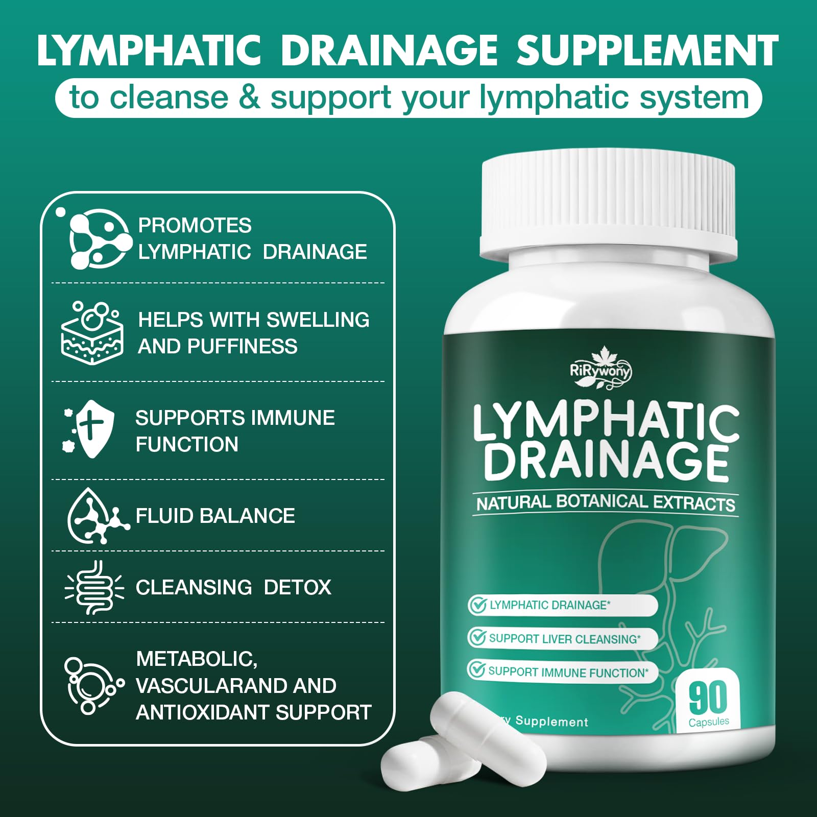 RiRywony Lymphatic Drainage Supplements & Liver Cleanse Detox Repair Capsules – Natural Herbal Supplement with Echinacea, Supports Lymphatic System, Fluid Balance & Immune Health, 90 Capsules - Maple Wellness Supplements