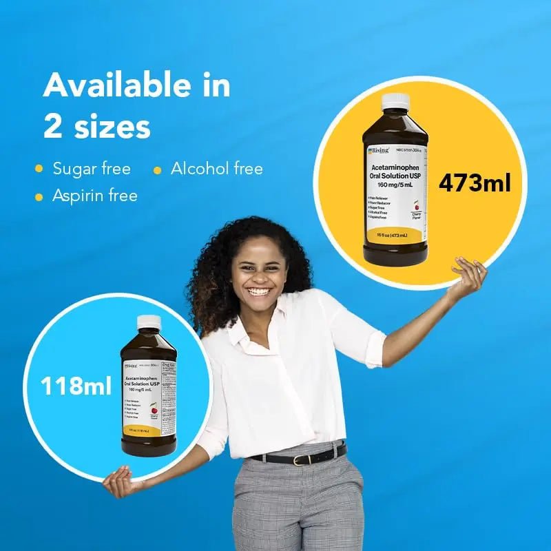 Rising Health Acetaminophen Oral Solution USP, 160 mg/5 mL | Pain & Fever Reliever | Cherry Flavor | Available in 118 mL & 473 mL (118ml - 4oz) - Maple Wellness Supplements