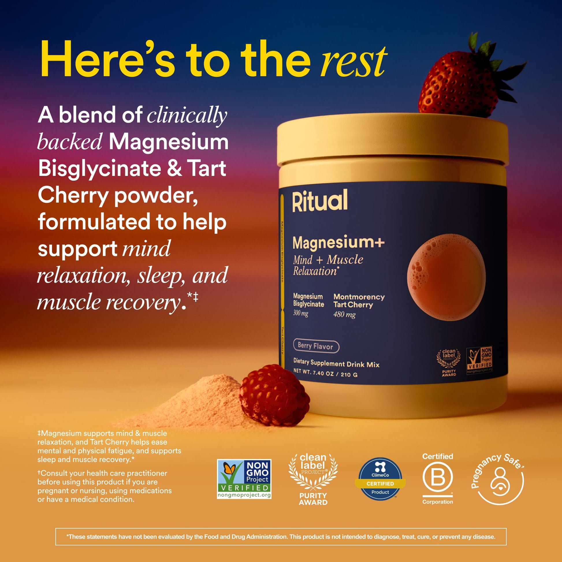 Ritual Magnesium+ Drink Mix Supplement | 2-in-1 Science-Backed Tart Cherry & Gentle on Stomach Magnesium Bisglycinate | Formulated for Mind & Muscle Relaxation | Supports Sleep & Calm | 30 Servings - Maple Wellness Supplements
