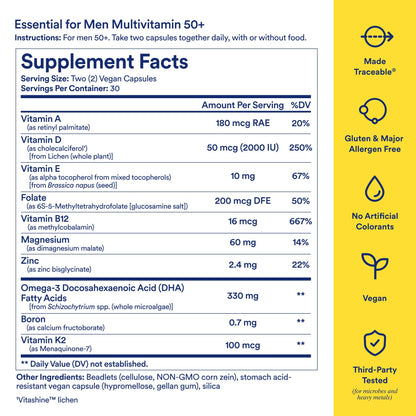 Ritual Multivitamin for Men 50+, Vegan, with Zinc, Vitamin A and D3 for Immune Function Support*, Omega-3 DHA, B12, K2, Gluten Free, Non-GMO, Mint Essenced, 30 Day Supply - Maple Wellness Supplements