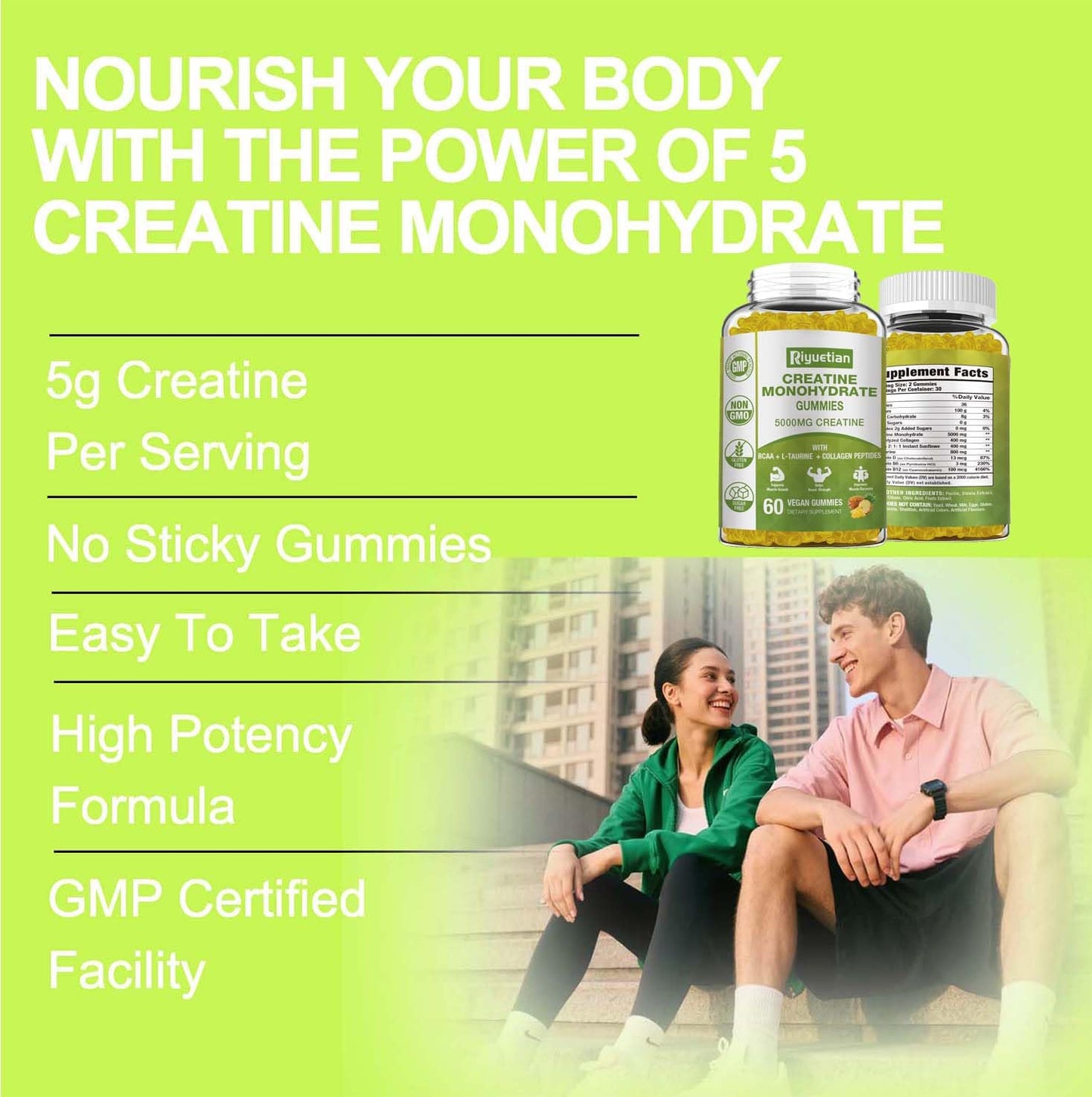Riyuetian Creatine Monohydrate Gummies, Creatine for Men & Women, Chewable Creatine for Enhancing Focus and Endurance, 5g Creatine per Serving, Sugar-Free, 60 Count - Maple Wellness Supplements