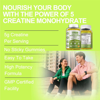 Riyuetian Creatine Monohydrate Gummies, Creatine for Men & Women, Chewable Creatine for Enhancing Focus and Endurance, 5g Creatine per Serving, Sugar-Free, 60 Count - Maple Wellness Supplements
