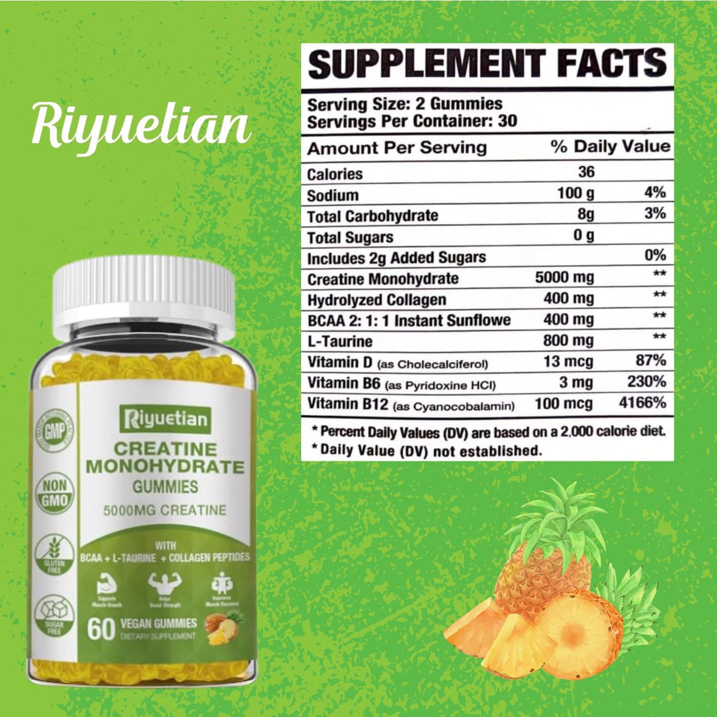 Riyuetian Creatine Monohydrate Gummies, Creatine for Men & Women, Chewable Creatine for Enhancing Focus and Endurance, 5g Creatine per Serving, Sugar-Free, 60 Count - Maple Wellness Supplements