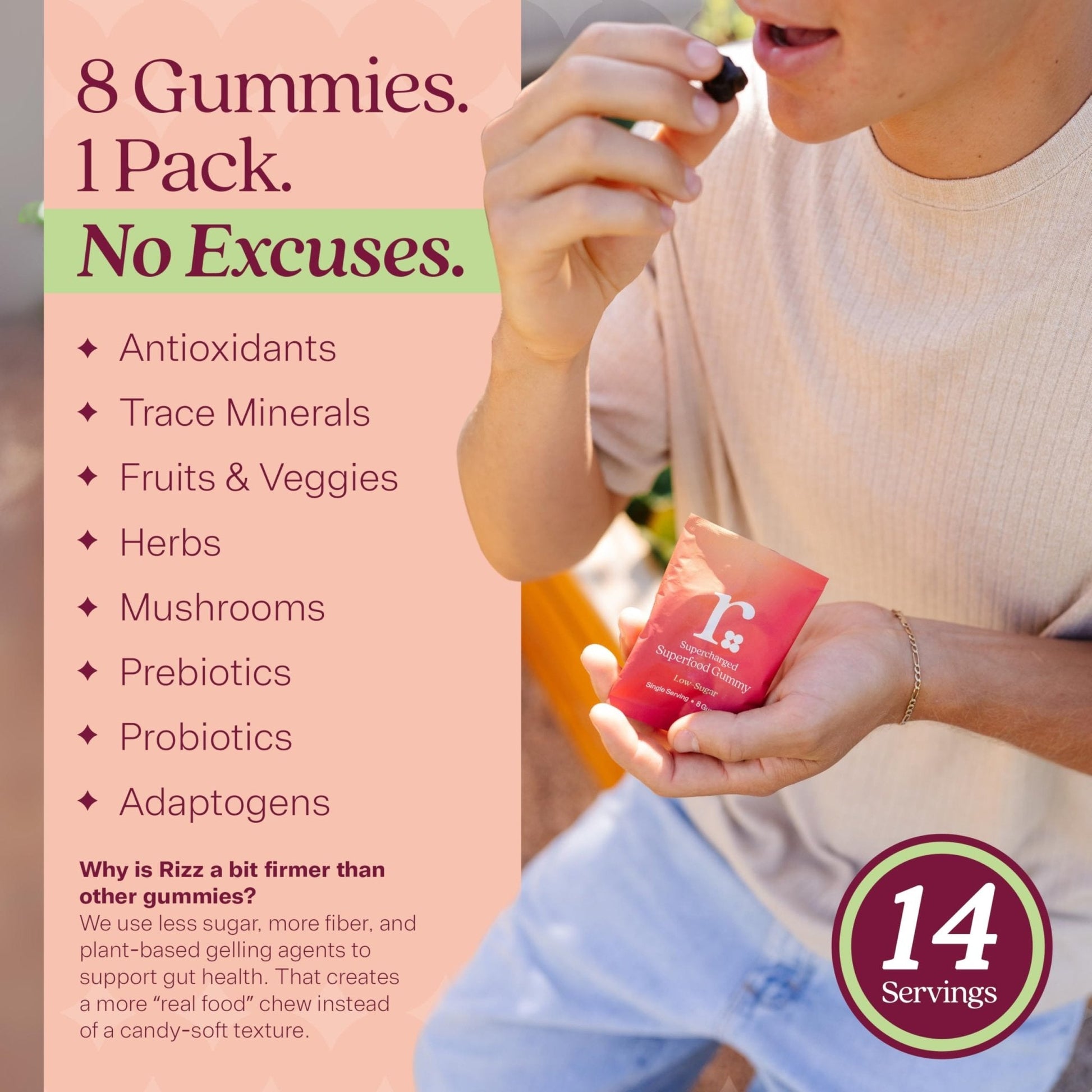 Rizz Low Sugar Green Gummies - 60+ Superfoods 6g Fiber - Prebiotic and Probiotic Gummies - Vegan Multivitamins for Women & Men - Gluten Free - Mushroom, - Maple Wellness Supplements