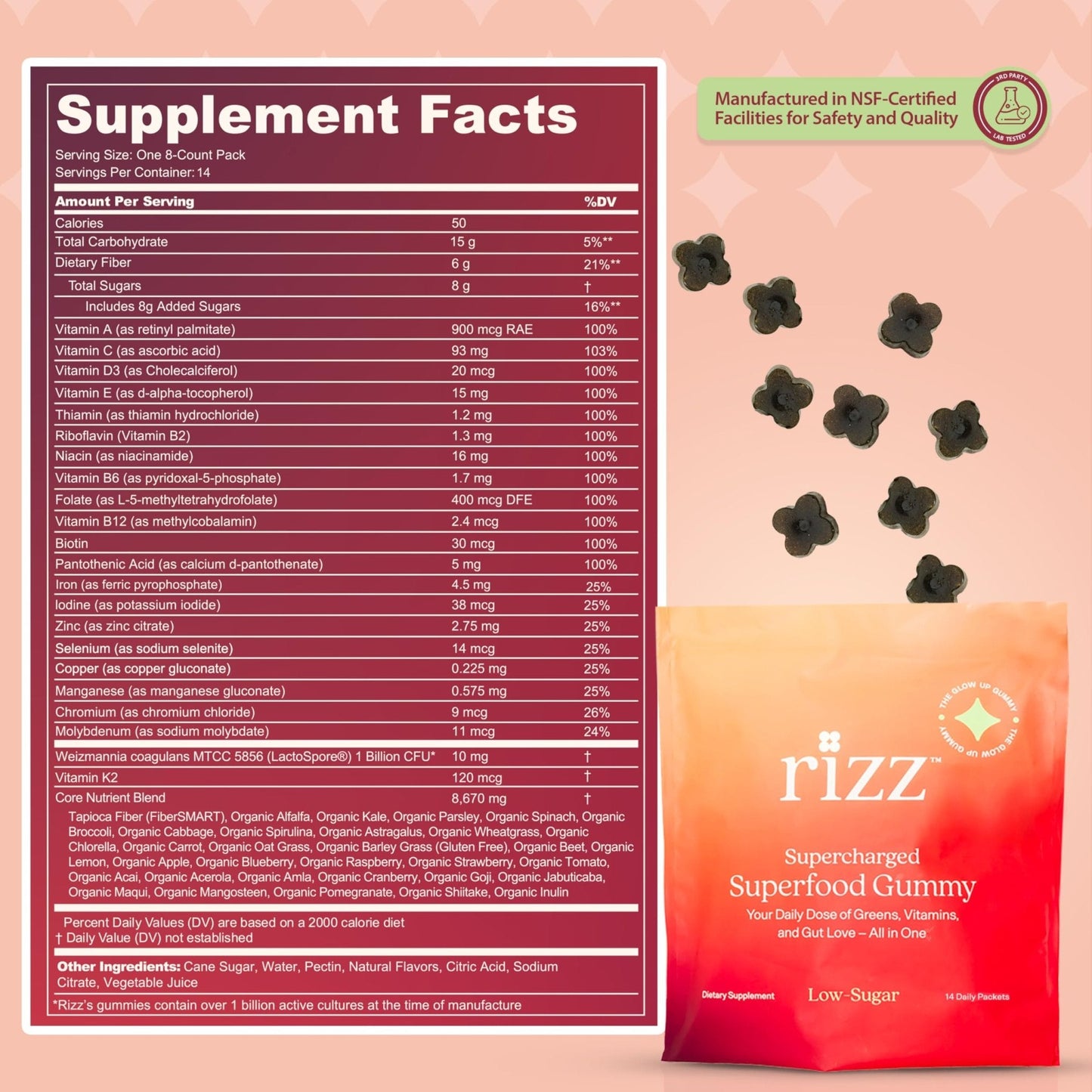 Rizz Low Sugar Green Gummies - 60+ Superfoods 6g Fiber - Prebiotic and Probiotic Gummies - Vegan Multivitamins for Women & Men - Gluten Free - Mushroom, - Maple Wellness Supplements